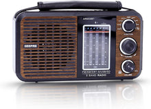 Geepas 8 band portable radio with speaker grille, display, and tuning/volume knobs
