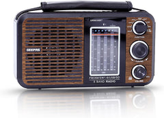 Geepas 8 band portable radio with speaker grille, display, and tuning/volume knobs