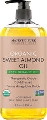 Large Majestic Pure organic sweet almond oil bottle with pump, 8 fl oz; USDA organic.