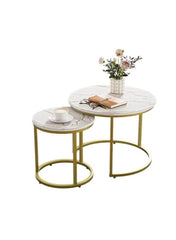 Round Coffee Table with Marble Pattern Top & Adjustable Non-Slip Feet – Industrial Side Table (White + Gold, 27.6 in)
