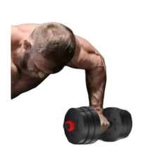 Man holding an adjustable dumbbell with black plates and red accents during curl