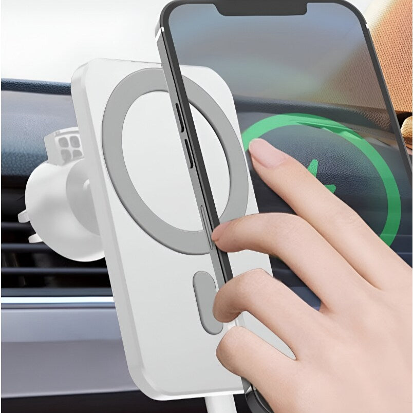 Huitich 15W magnetic wireless car charger mounted on car air vent with phone being placed on it