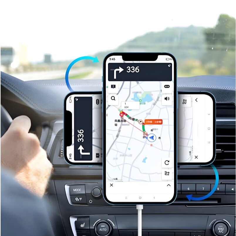 Huitich 15W magnetic wireless car charger holding a smartphone displaying navigation on a car dashboard