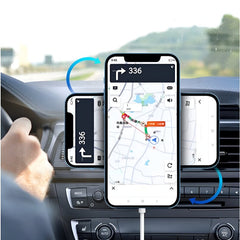 Huitich 15W magnetic wireless car charger holding a smartphone displaying navigation on a car dashboard