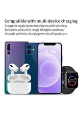 3-in-1 wireless charging dock shown charging a phone, watch, and earbuds