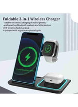 Foldable 3-in-1 wireless charger dock with phone stand, watch holder, and earbud base
