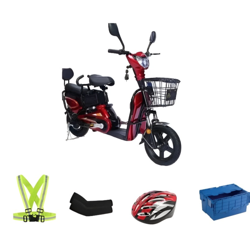 Winner sky 16 inch electric bike with basket in red with safety accessories including helmet and reflective gear