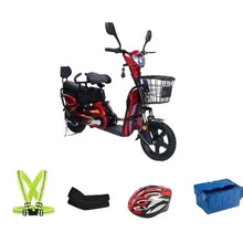 Red electric bike with front basket and black seats; included accessories shown