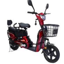 Red electric bike with front basket, black seat, and handlebar lights