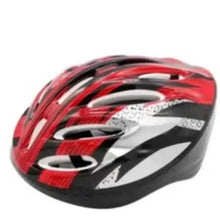 Red and black bicycle helmet with white graphic stripe