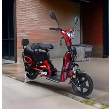 Red electric bike with front basket and black padded seats