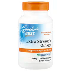 Ginkgo supplement bottle with orange cap and Doctor’s Best label, 120 mg veggie caps