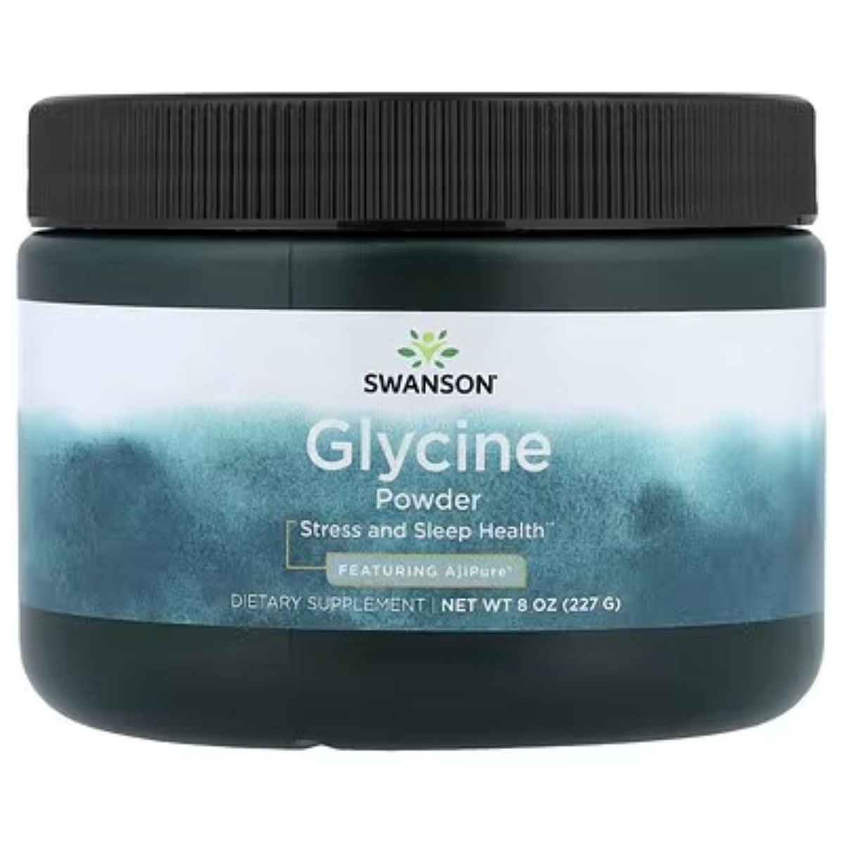 Glycine powder supplement jar with black lid, Swanson label and stress & sleep health