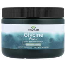 Glycine powder supplement jar with black lid, Swanson label and stress & sleep health