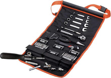 Roll-up socket wrench and screwdriver bit kit in orange-black case with tools arranged