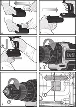 BLACK+DECKER cordless hammer drill keyless chuck and torque settings shown in steps