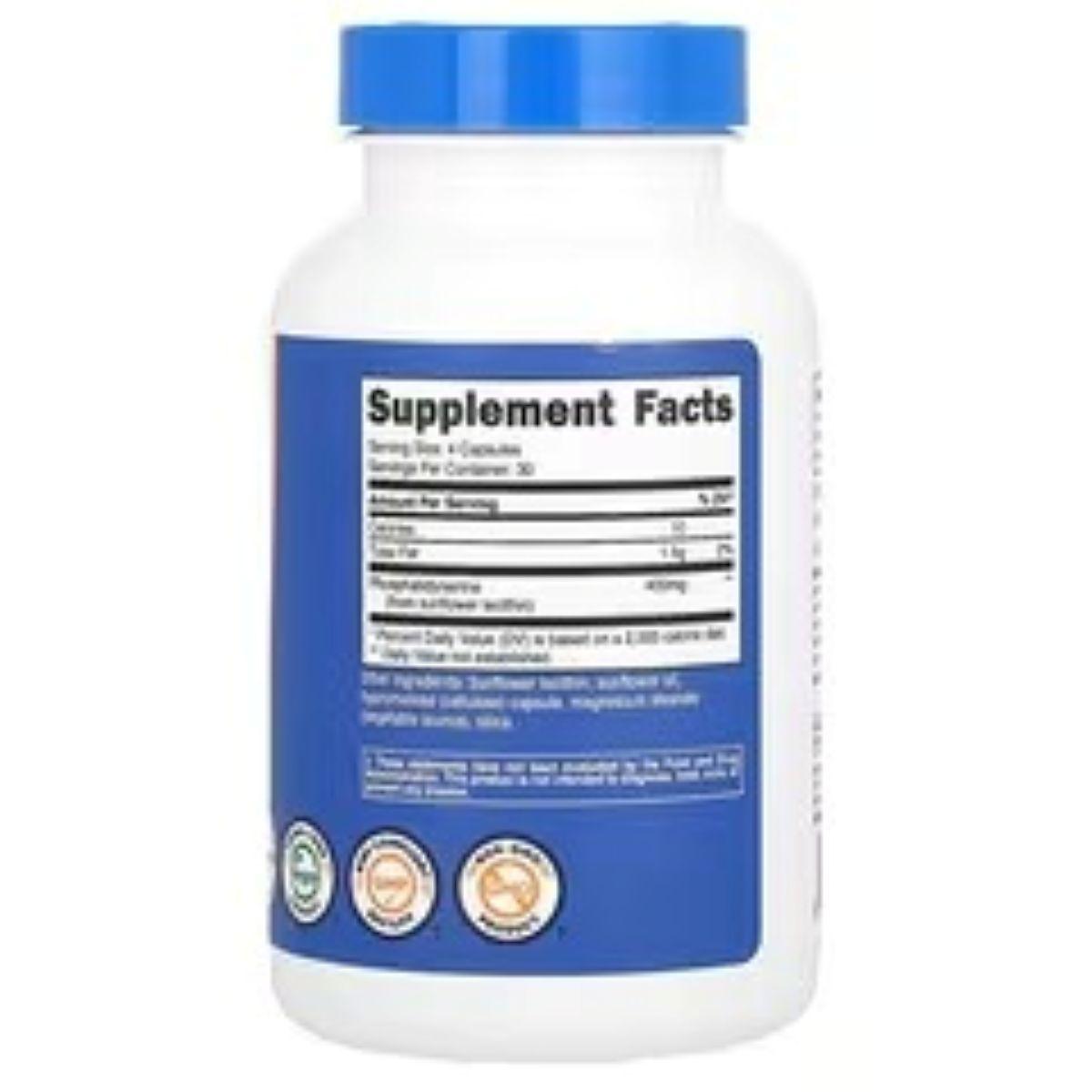 Nutricost Phosphatidyl Serine supplement bottle with blue cap and Supplement Facts panel