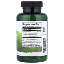 Mushroom extract supplement bottle back label with Supplement Facts, 500 mg per capsule.