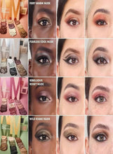Eyeshadow palette shade swatches and multiple eye looks in warm nude tones