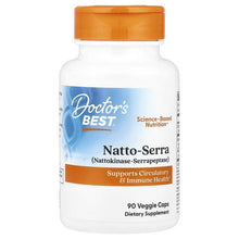 Dietary supplement bottle with orange cap and blue Natto-Serra label, 90 veggie caps.