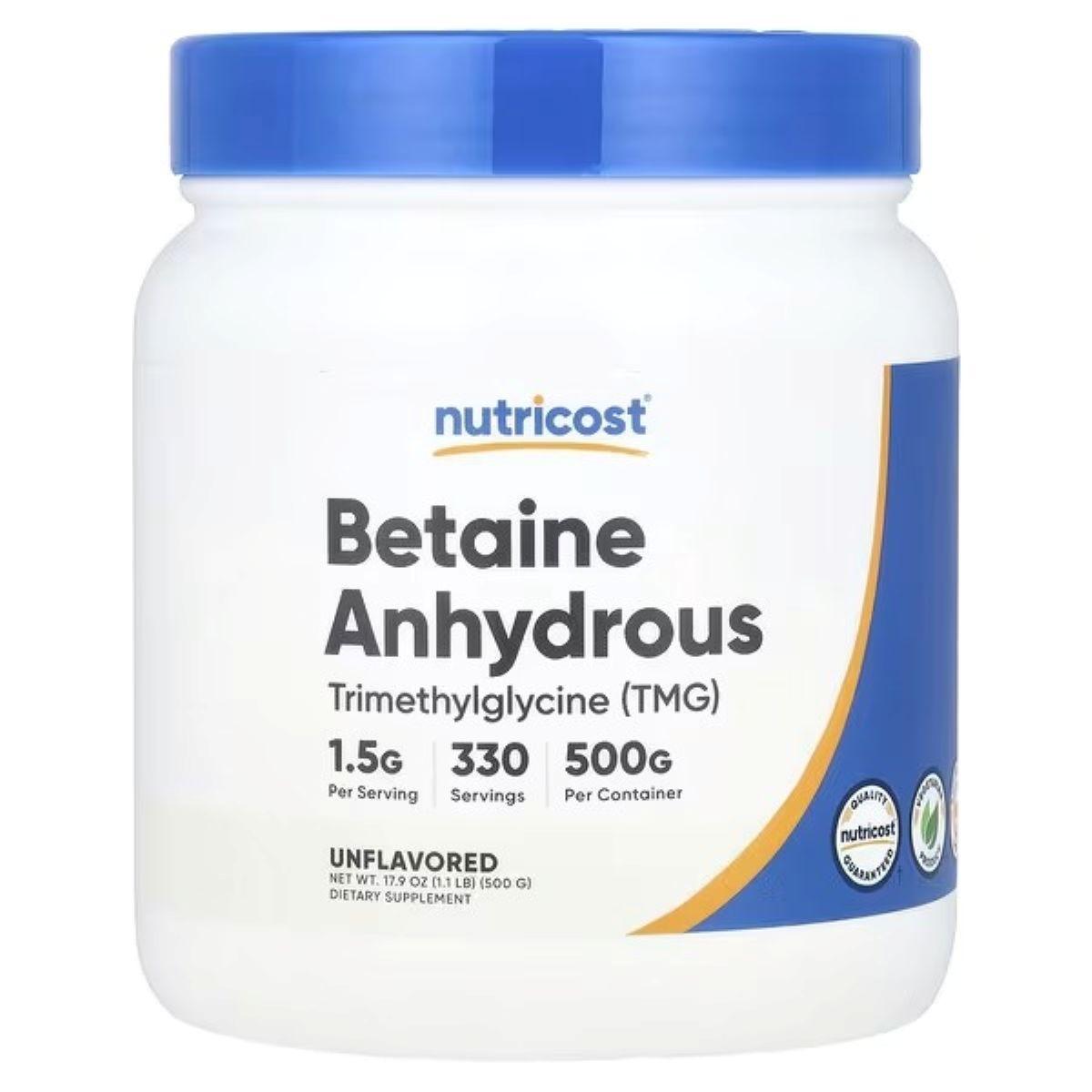 Nutricost betaine anhydrous supplement bottle, unflavored powder, 500 g