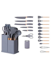 Huitich 19-piece cooking utensils with cutting board set including knives, spatulas, scissors, and whisk in gray