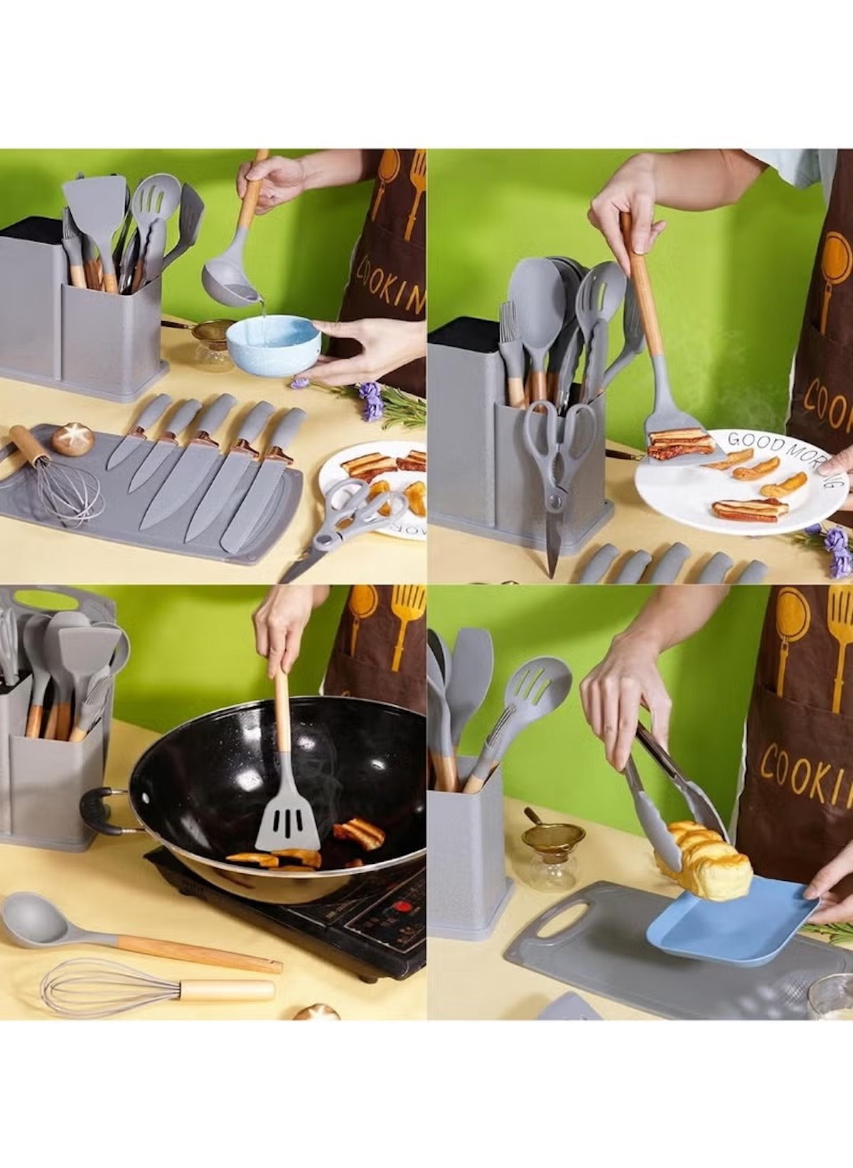 Huitich 19 piece kitchen tool set UAE with wooden handles and gray silicone heads for cooking and serving