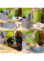 Huitich 19 piece kitchen tool set UAE with wooden handles and gray silicone heads for cooking and serving