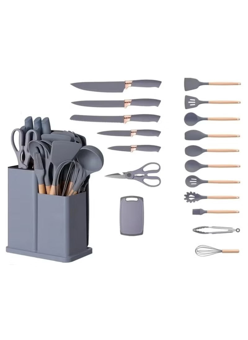 Huitich 19 piece kitchen tool set UAE with knives, scissors, spatulas, spoons, whisk, and utensil holder in gray
