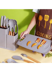 Huitich 19 piece kitchen tool set UAE with wooden handles and gray utensils in organizer on kitchen counter