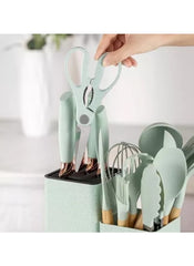 Huitich 19 piece kitchen tool set UAE in mint green with scissors, tongs, whisk, and knives in a holder