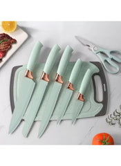 Huitich 19 piece kitchen tool set UAE featuring mint green handled knives and scissors on a cutting board