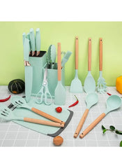 Huitich 19 piece kitchen tool set UAE with wooden handles and mint green silicone heads neatly organized