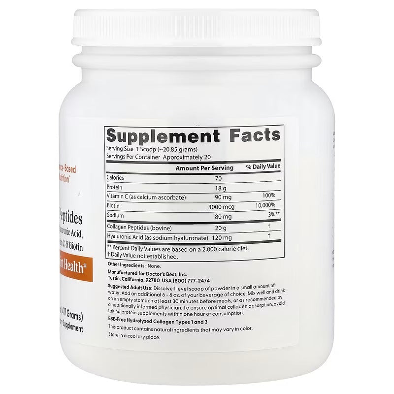 Supplement facts nutrition label on white collagen peptides bottle
