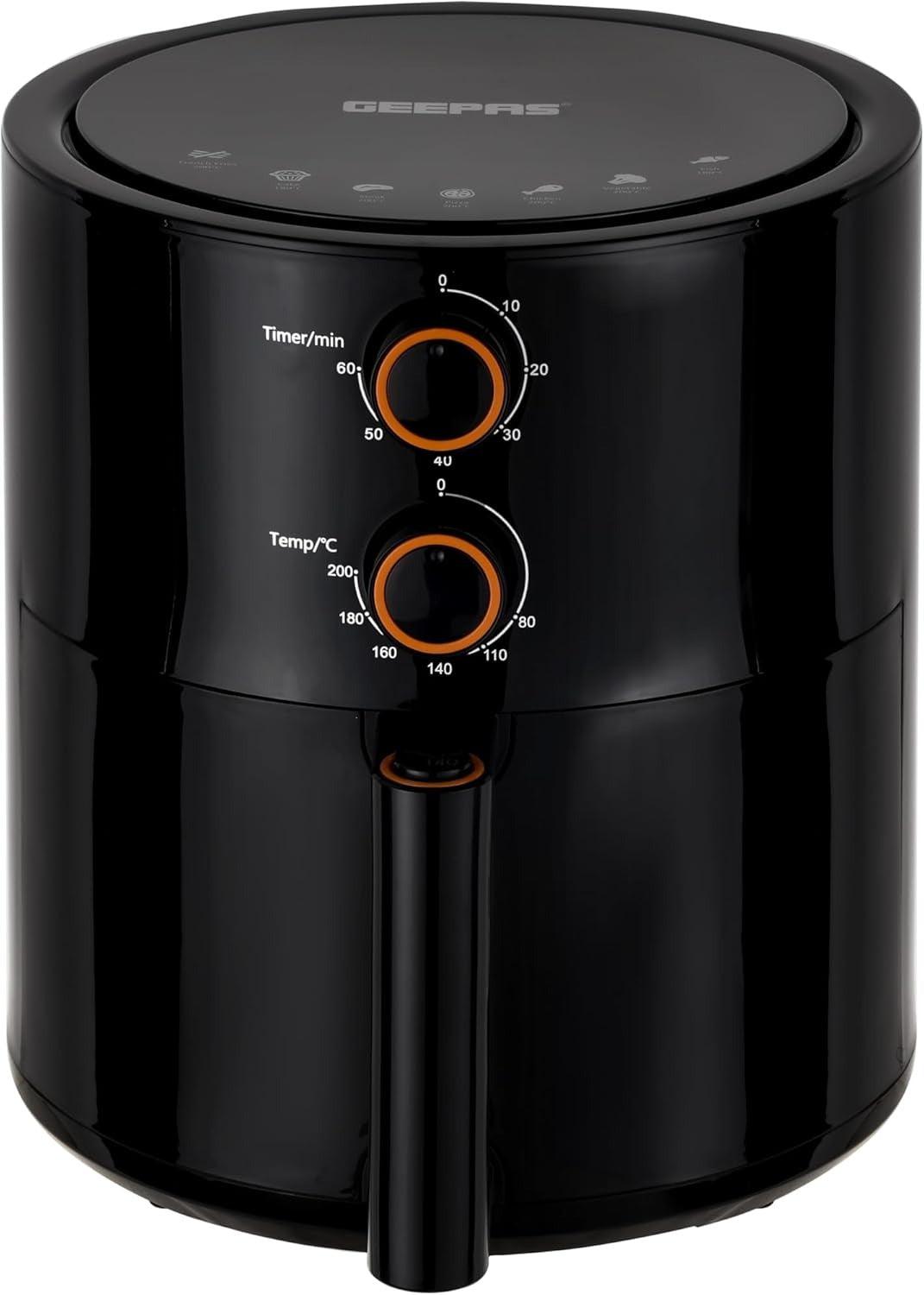 Black air fryer with two control dials for timer and temperature, front handle basket