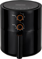 Black air fryer with two control dials for timer and temperature, front handle basket
