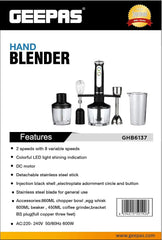 Geepas 5-In-1 Hand Blender | Chopper / Food Processor | Electric Whisk | 8 Variable Speeds, Stainless Steel Blade For Blending The Perfect Smoothies And Grinding Coffee | 600W | 2 Year Warranty