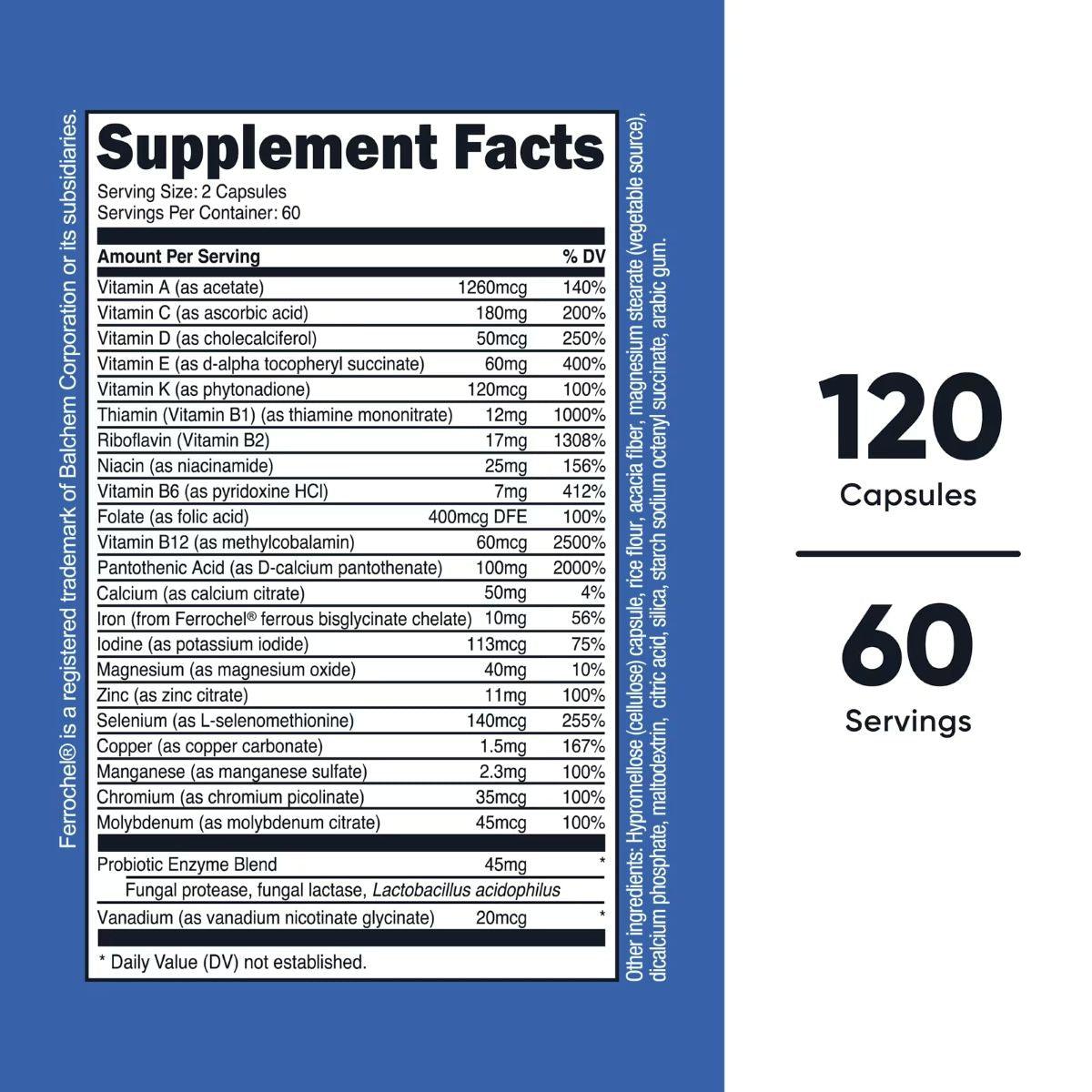 Supplement Facts label for Nutricost multivitamin, 120 capsules and 60 servings