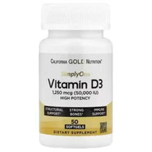 Vitamin D3 supplement bottle with SimplyOne label, 50 softgels, 50,000 IU
