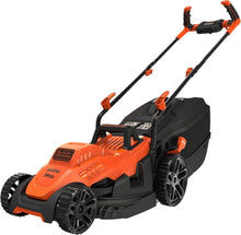Orange and black electric lawn mower with bike handle and front wheels