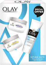 Olay Natural White face care set box with cream jars and cleanser tube