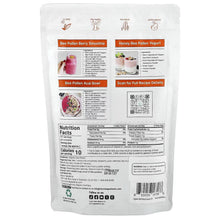 Organic bee pollen pouch back with nutrition facts panel, QR code, and barcode