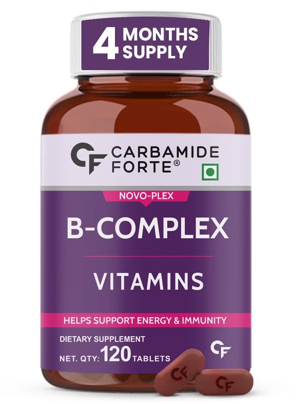 Carbamide Forte Vitamin B-Complex Tablets | 100% RDA with B1, B2, B3, B5, B6, B9 & B12 | Energy, Skin & Cognitive Support | 120 Vegetarian Tablets