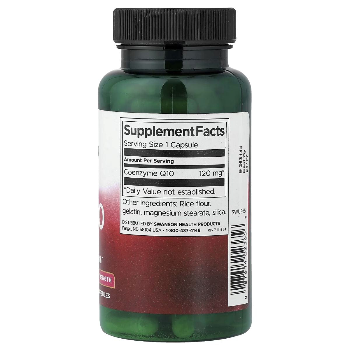 Swanson CoQ10 supplement bottle with Supplement Facts label and black cap