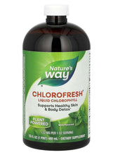 Liquid chlorophyll supplement bottle with mint-flavored front label, 16 fl oz