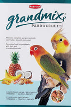 Padovan Grandmix Parrocchetti bird food box front with parakeets and fruit illustration