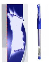 Pack of 6 blue fine-tip ink pens, one pen shown with clear barrel