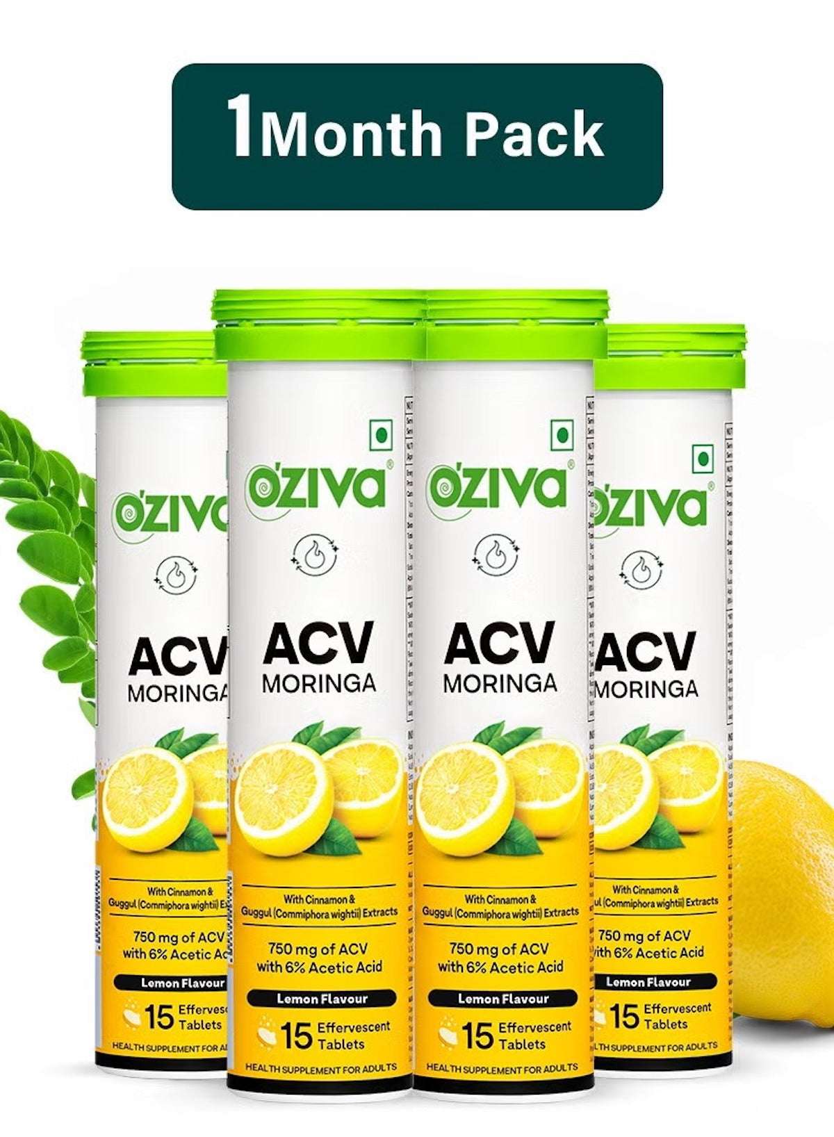 ACV Moringa Effervescent Tablets | 3-in-1 Fat Oxidation Formula | Apple Cider Vinegar, Cinnamon & Moringa | No Added Sugar | Lemon Flavour | Pack of 4 (60 Tablets)