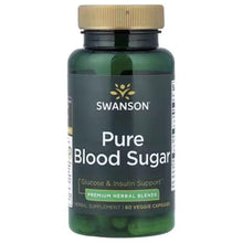 Swanson Pure Blood Sugar herbal supplement bottle with gold cap, 60 veggie capsules