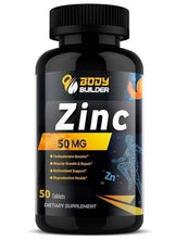 Zinc supplement bottle with black cap, label shows Zinc 50 mg, 50 tablets